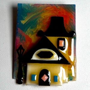 Vintage house pins by Lucinda pin brooch colorful sky and two houses